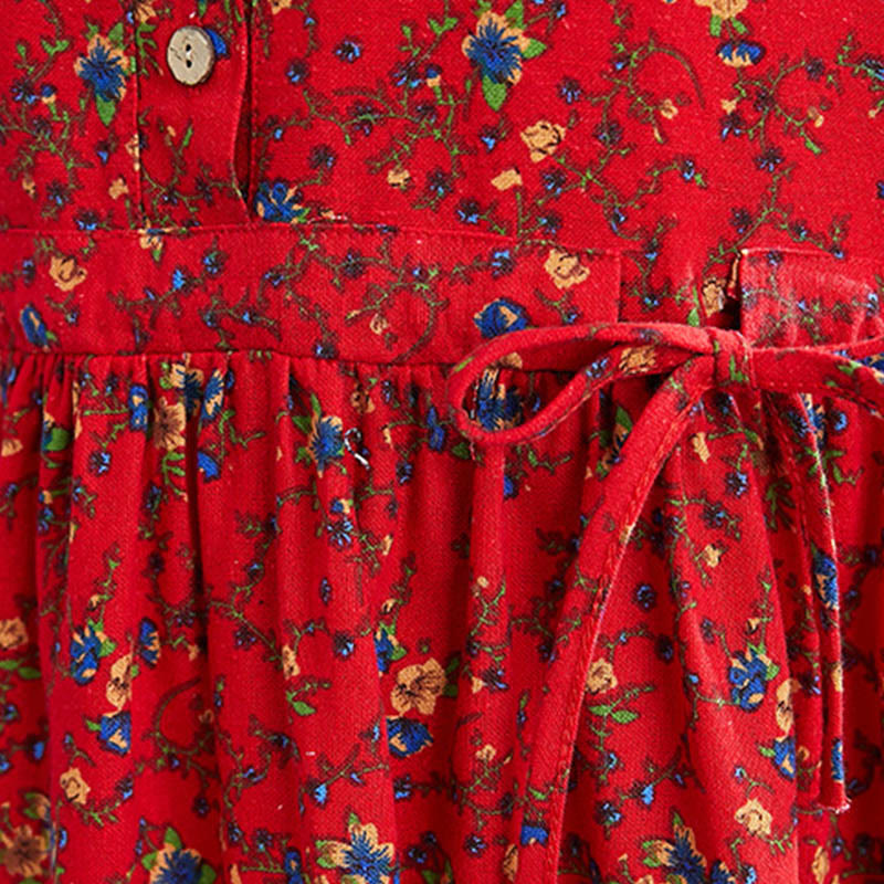 Buddha Stones Commute Floral Drawstring Women's Long Sleeve Cotton Midi Dress With Pockets - image 27