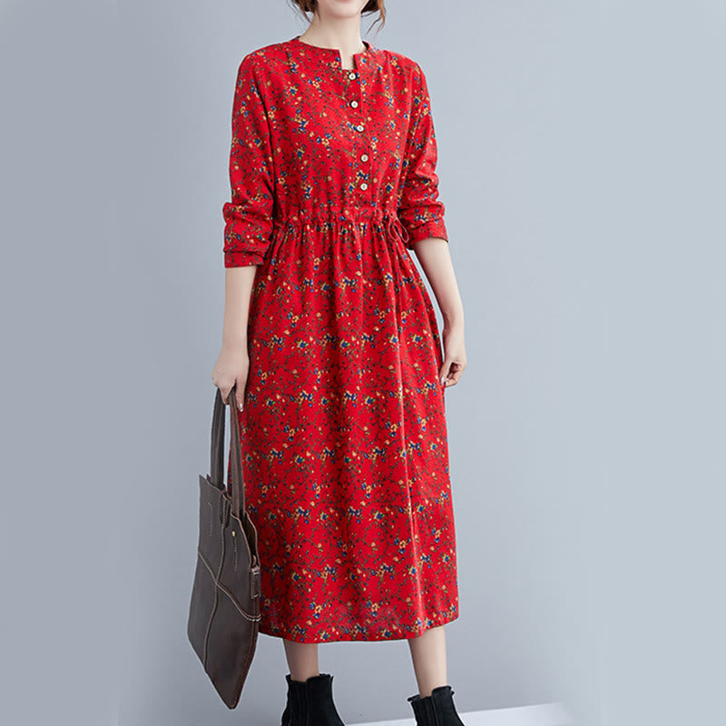 Buddha Stones Commute Floral Drawstring Women's Long Sleeve Cotton Midi Dress With Pockets - image 20