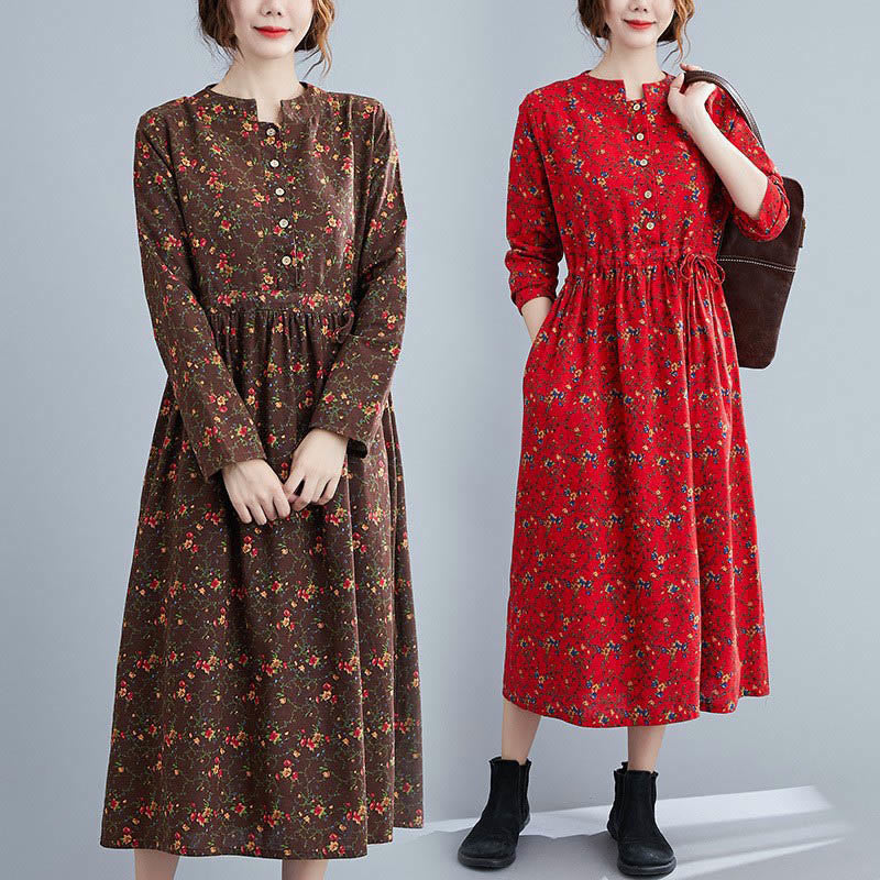 Buddha Stones Commute Floral Drawstring Women's Long Sleeve Cotton Midi Dress With Pockets - image 33