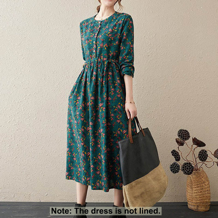 Buddha Stones Commute Floral Drawstring Women's Long Sleeve Cotton Midi Dress With Pockets - image 30