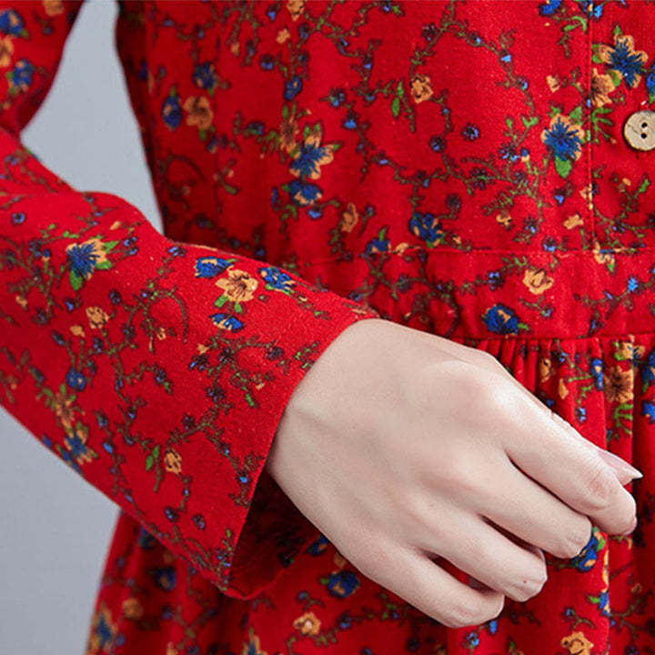 Buddha Stones Commute Floral Drawstring Women's Long Sleeve Cotton Midi Dress With Pockets - image 25