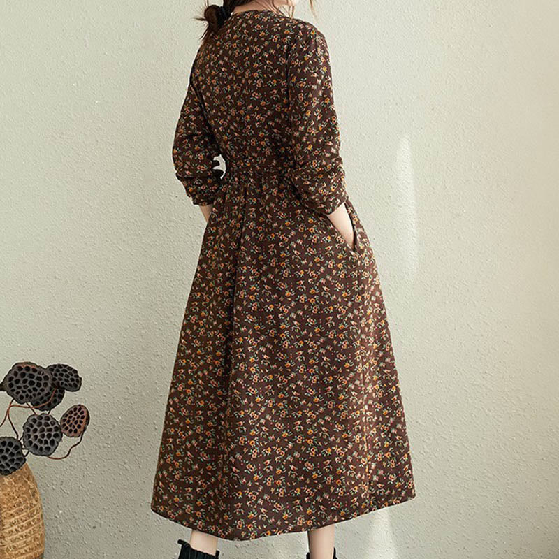 Buddha Stones Commute Floral Drawstring Women's Long Sleeve Cotton Midi Dress With Pockets - Peru - US12，UK/AU16，EU44 (3XL) - image 10