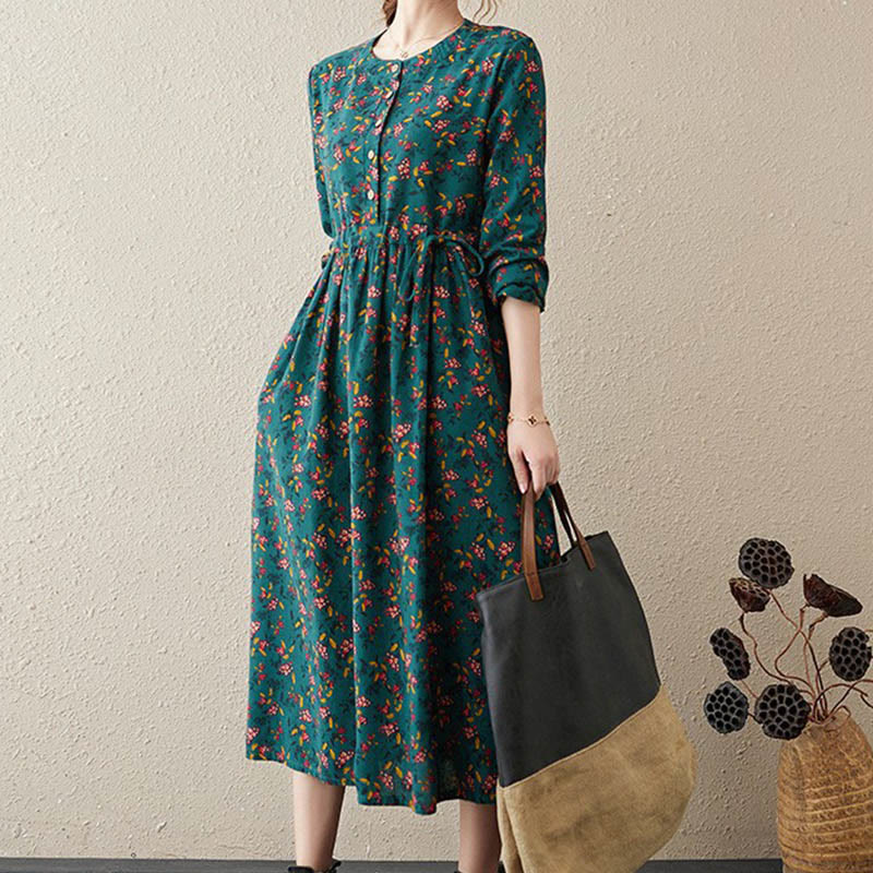 Buddha Stones Commute Floral Drawstring Women's Long Sleeve Cotton Midi Dress With Pockets - ForestGreen - US12，UK/AU16，EU44 (3XL) - image 29