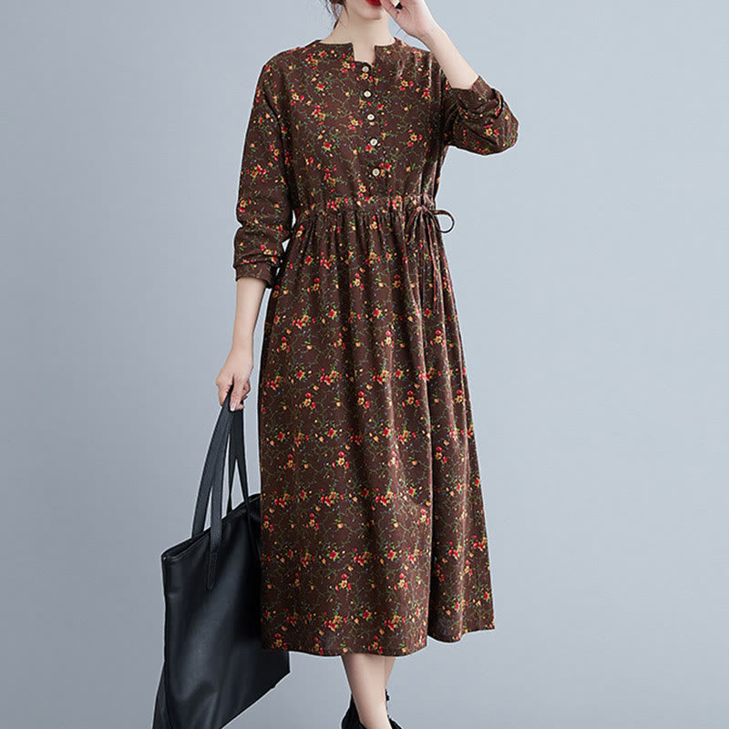 Buddha Stones Commute Floral Drawstring Women's Long Sleeve Cotton Midi Dress With Pockets - image 3