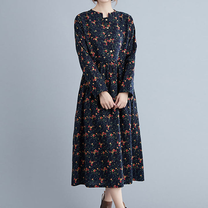 Buddha Stones Commute Floral Drawstring Women's Long Sleeve Cotton Midi Dress With Pockets - image 15