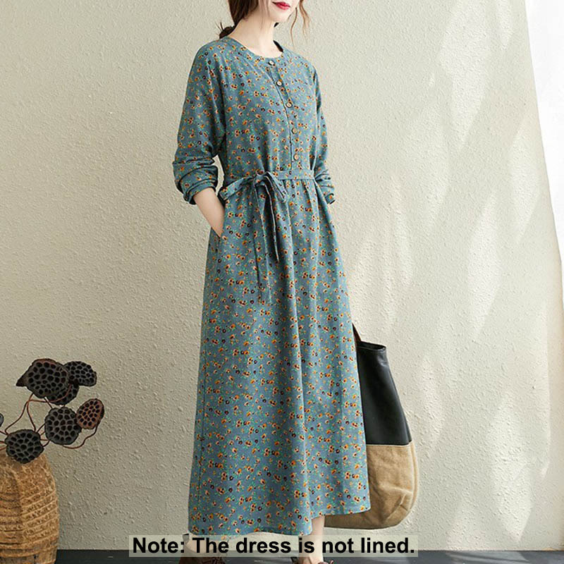 Buddha Stones Commute Floral Drawstring Women's Long Sleeve Cotton Midi Dress With Pockets - image 9