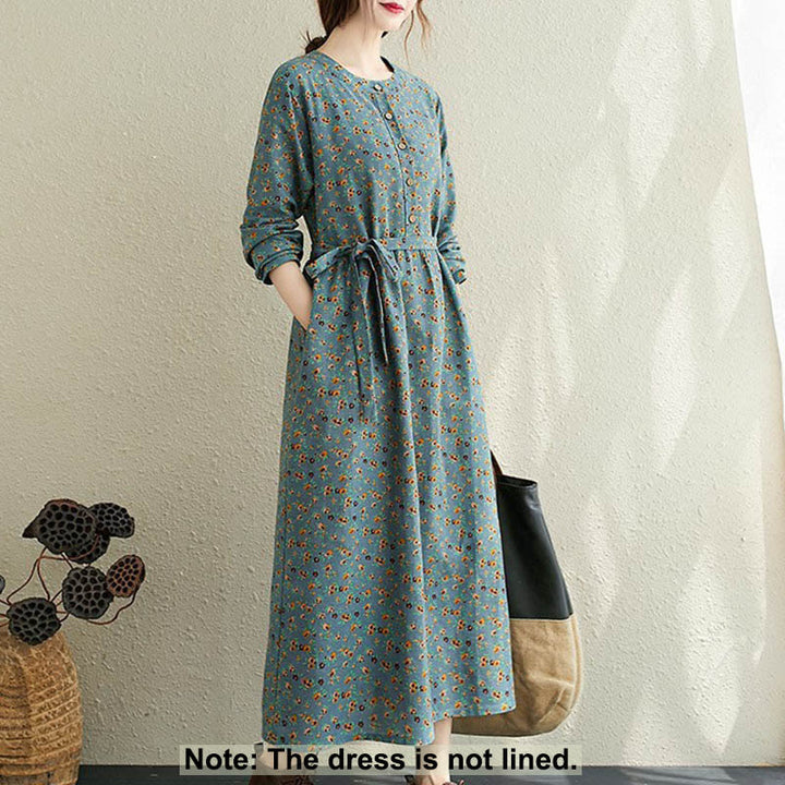 Buddha Stones Commute Floral Drawstring Women's Long Sleeve Cotton Midi Dress With Pockets - image 9