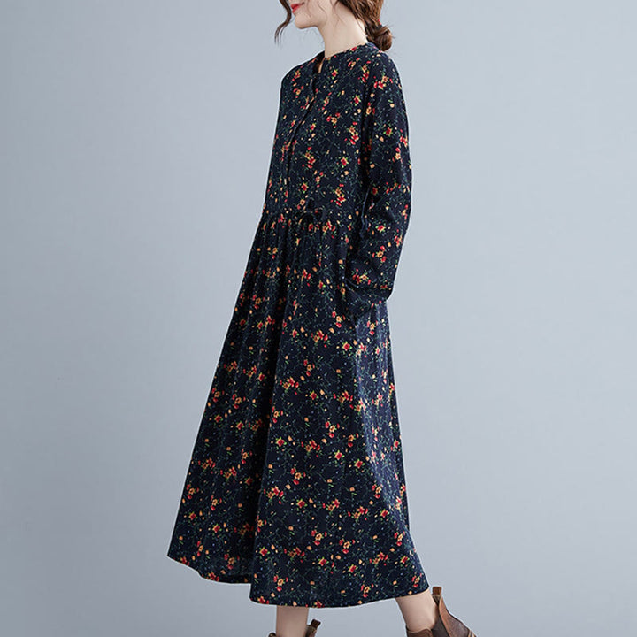 Buddha Stones Commute Floral Drawstring Women's Long Sleeve Cotton Midi Dress With Pockets - image 16