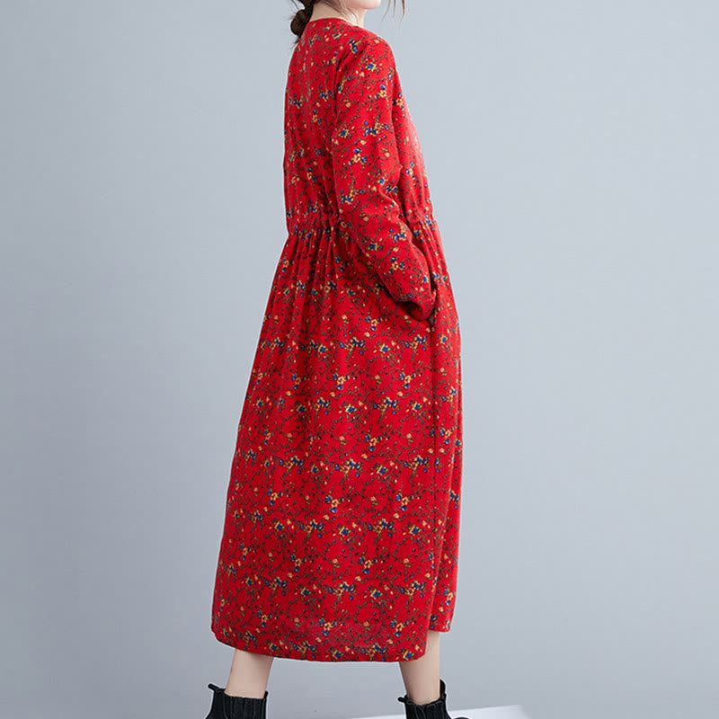Buddha Stones Commute Floral Drawstring Women's Long Sleeve Cotton Midi Dress With Pockets - image 21
