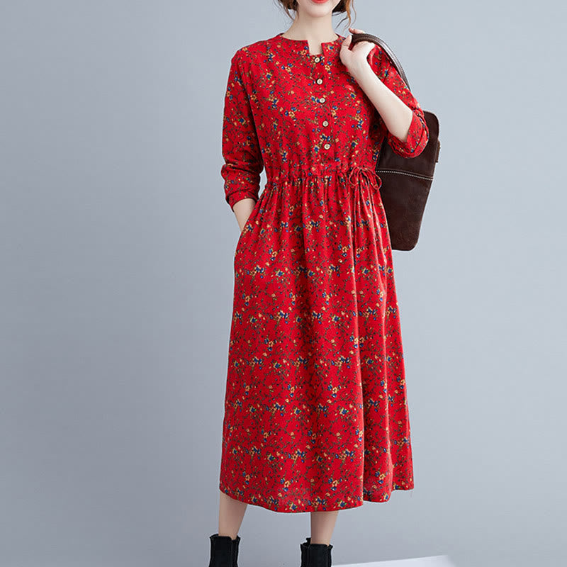 Buddha Stones Commute Floral Drawstring Women's Long Sleeve Cotton Midi Dress With Pockets - image 19