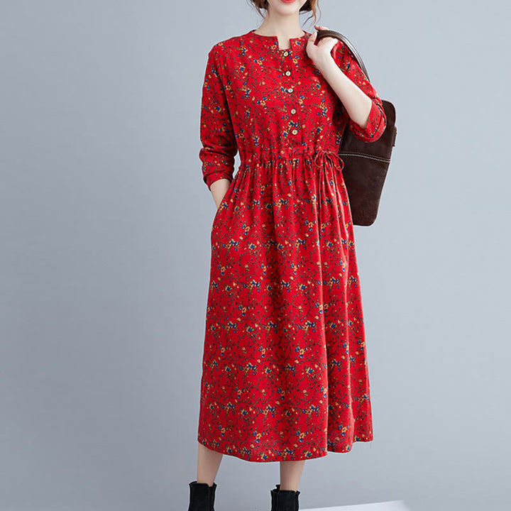 Buddha Stones Commute Floral Drawstring Women's Long Sleeve Cotton Midi Dress With Pockets - image 19
