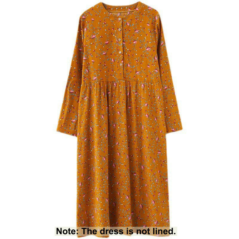 Buddha Stones Commute Floral Drawstring Women's Long Sleeve Cotton Midi Dress With Pockets - image 7