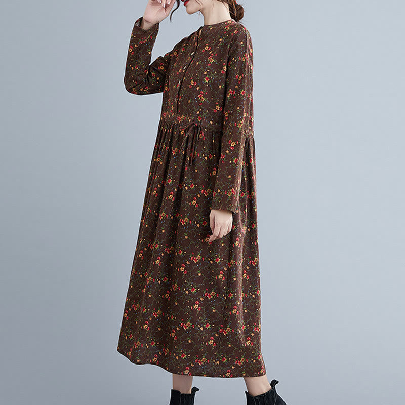 Buddha Stones Commute Floral Drawstring Women's Long Sleeve Cotton Midi Dress With Pockets - image 4