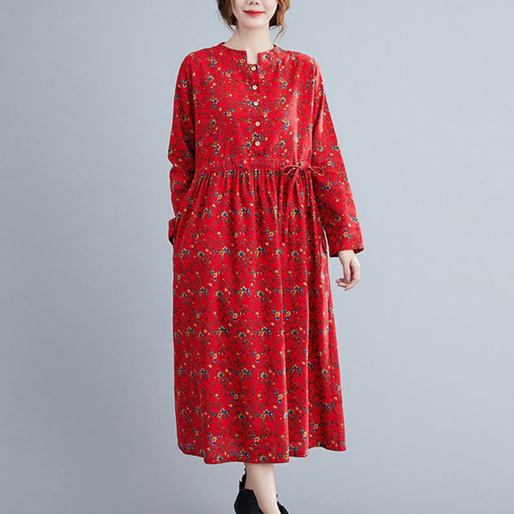 Buddha Stones Commute Floral Drawstring Women's Long Sleeve Cotton Midi Dress With Pockets - Red - US12，UK/AU16，EU44 (3XL) - image 17