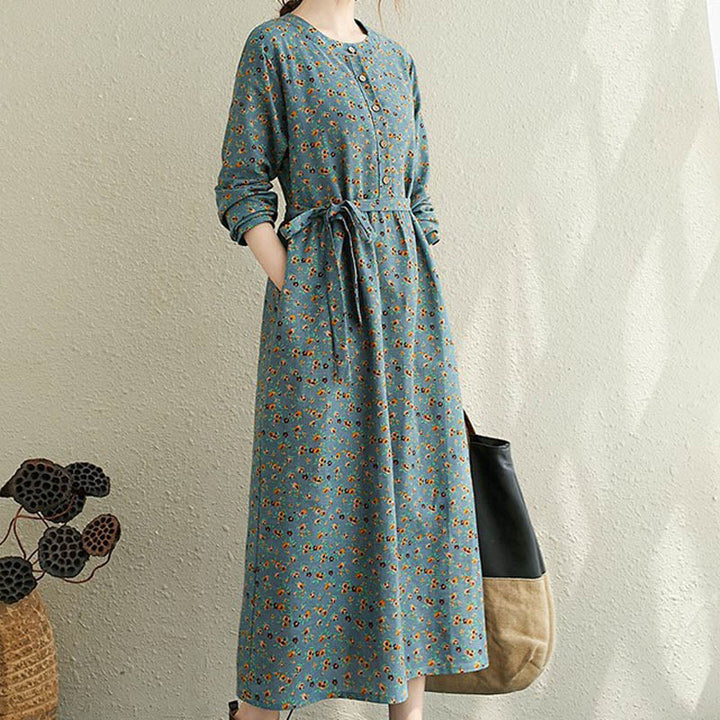 Buddha Stones Commute Floral Drawstring Women's Long Sleeve Cotton Midi Dress With Pockets - MediumAquamarine - US12，UK/AU16，EU44 (3XL) - image 8