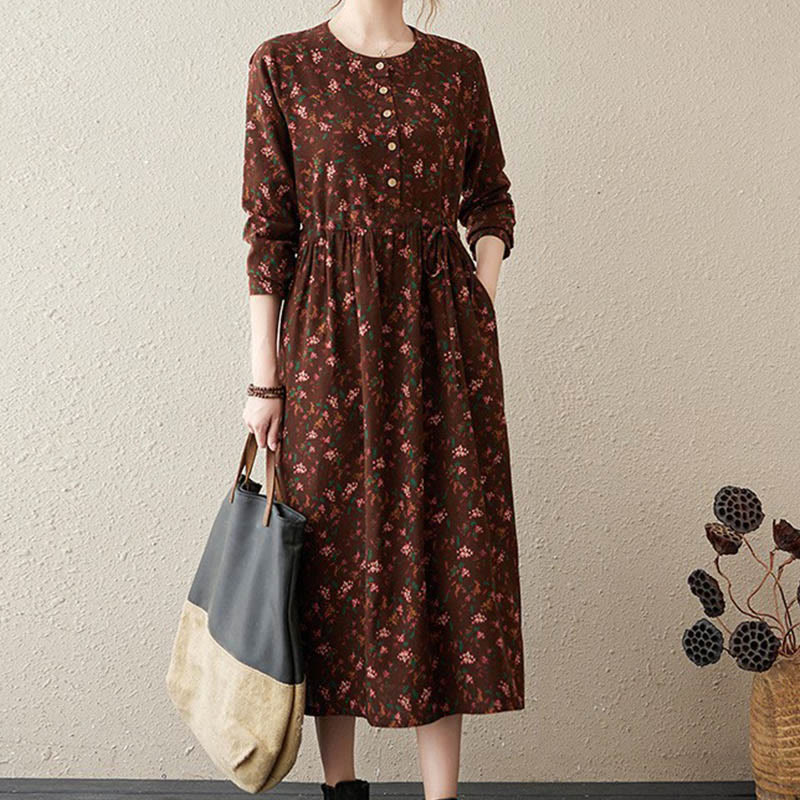 Buddha Stones Commute Floral Drawstring Women's Long Sleeve Cotton Midi Dress With Pockets - Brown - US12，UK/AU16，EU44 (3XL) - image 31