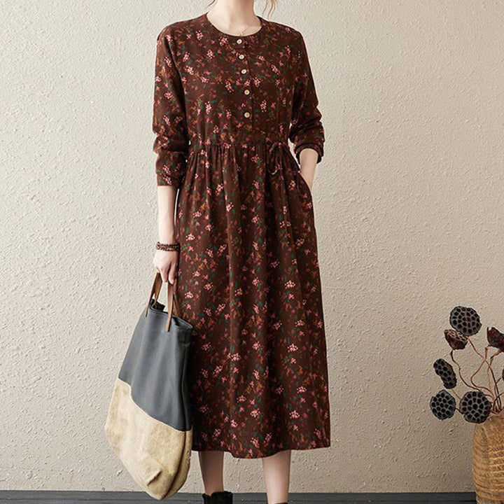 Buddha Stones Commute Floral Drawstring Women's Long Sleeve Cotton Midi Dress With Pockets - Brown - US12，UK/AU16，EU44 (3XL) - image 31