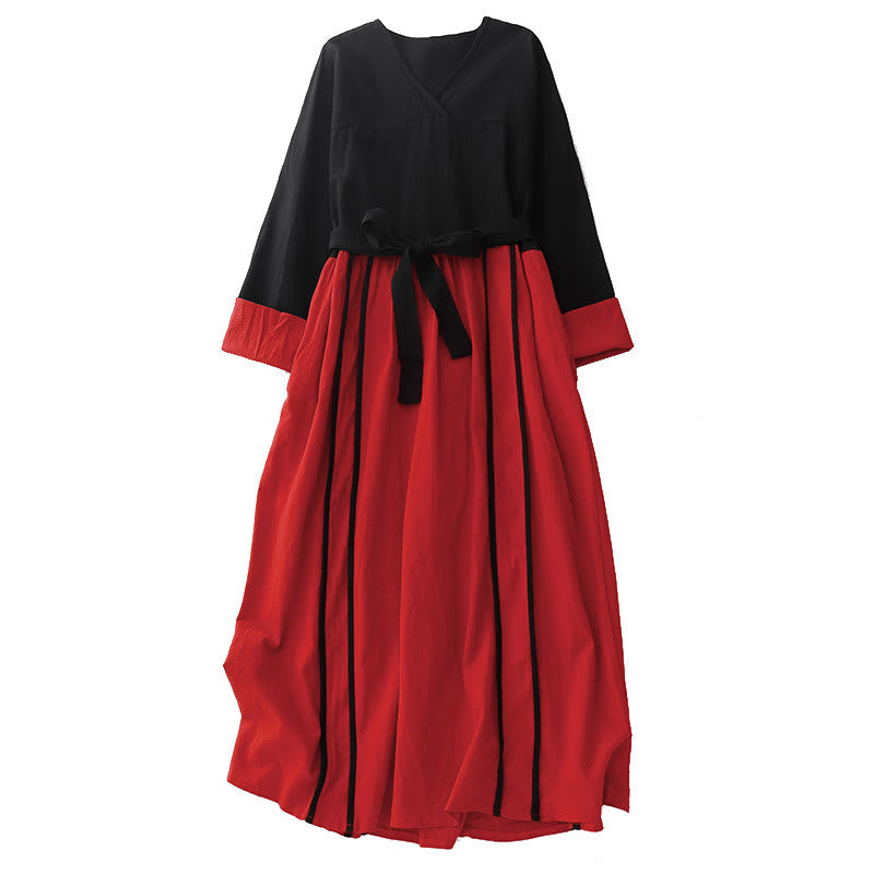 Buddha Stones Color Block Lace-Up Desgin Women's Long Sleeve Midi Dress With Pockets - image 11
