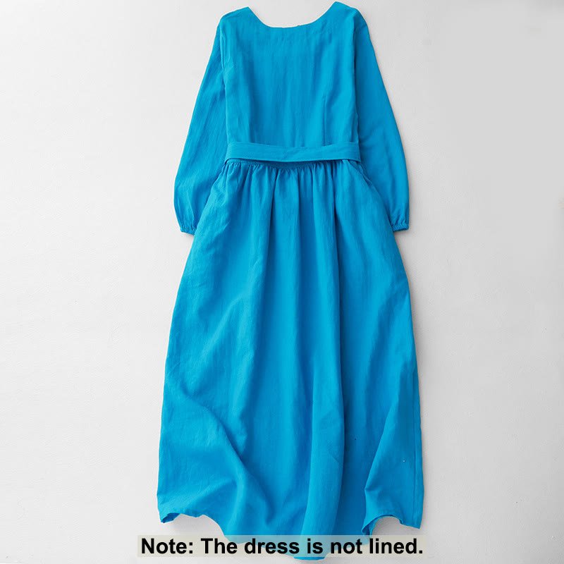 Buddha Stones Plain Long Sleeve Lace-up Desgin Women's Cotton Midi Dress With Pockets - image 1