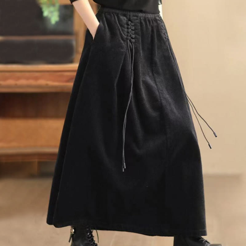 Buddha Stones Women's Plain Corduroy 7-8 Length Skirt With Pockets - Black - US12，UK/AU16，EU44 (2XL) - image 5