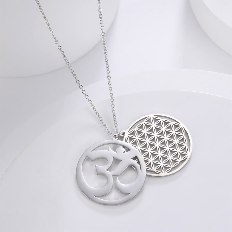 Buddha Stones Om Symbol Hollow Flower Design Stainless Steel Connection Necklace Pendant - image 2