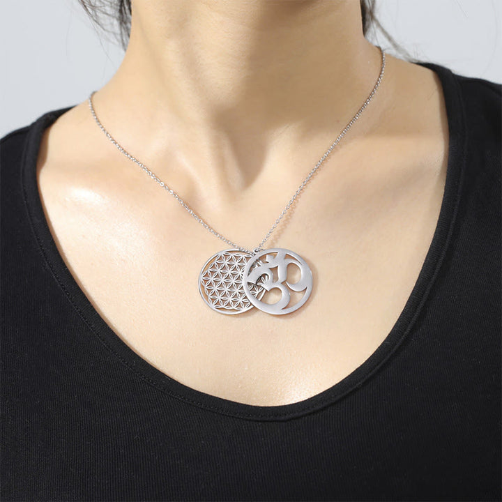 Buddha Stones Om Symbol Hollow Flower Design Stainless Steel Connection Necklace Pendant - image 3