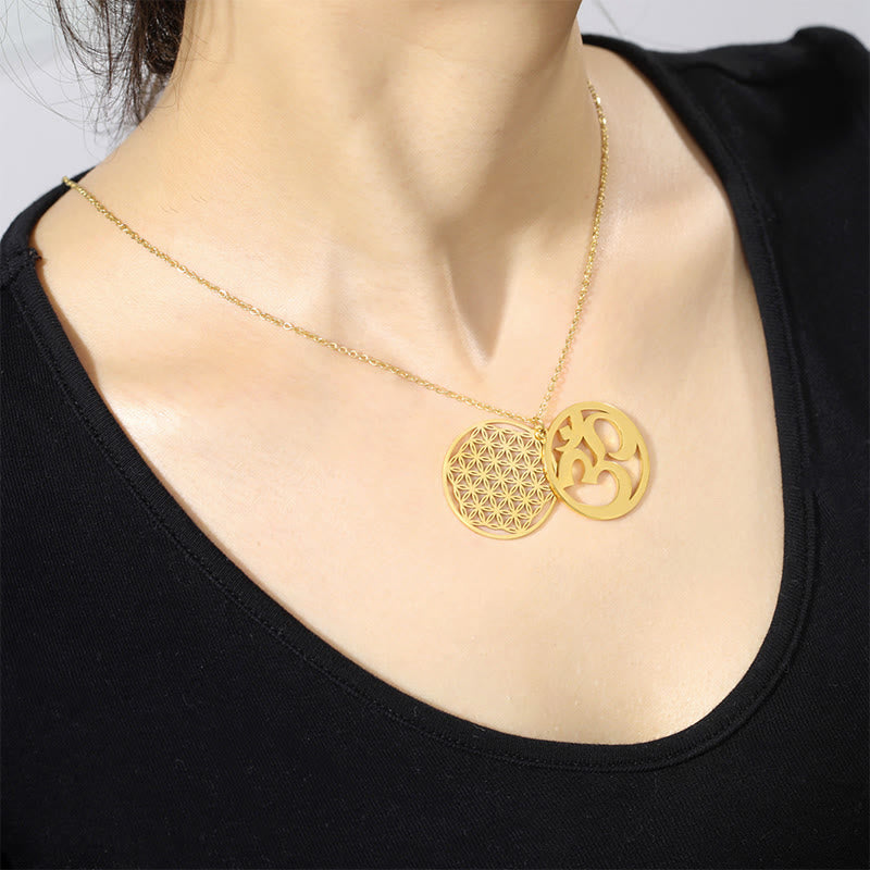 Buddha Stones Om Symbol Hollow Flower Design Stainless Steel Connection Necklace Pendant - image 11