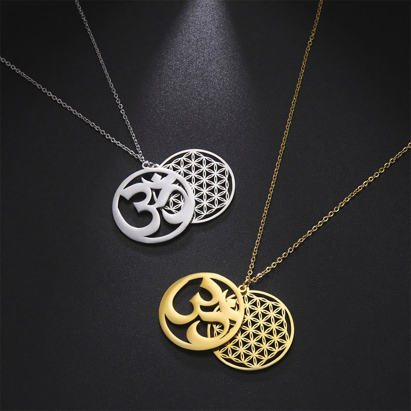 Buddha Stones Om Symbol Hollow Flower Design Stainless Steel Connection Necklace Pendant - image 14
