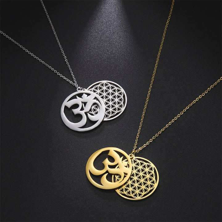 Buddha Stones Om Symbol Hollow Flower Design Stainless Steel Connection Necklace Pendant - image 14