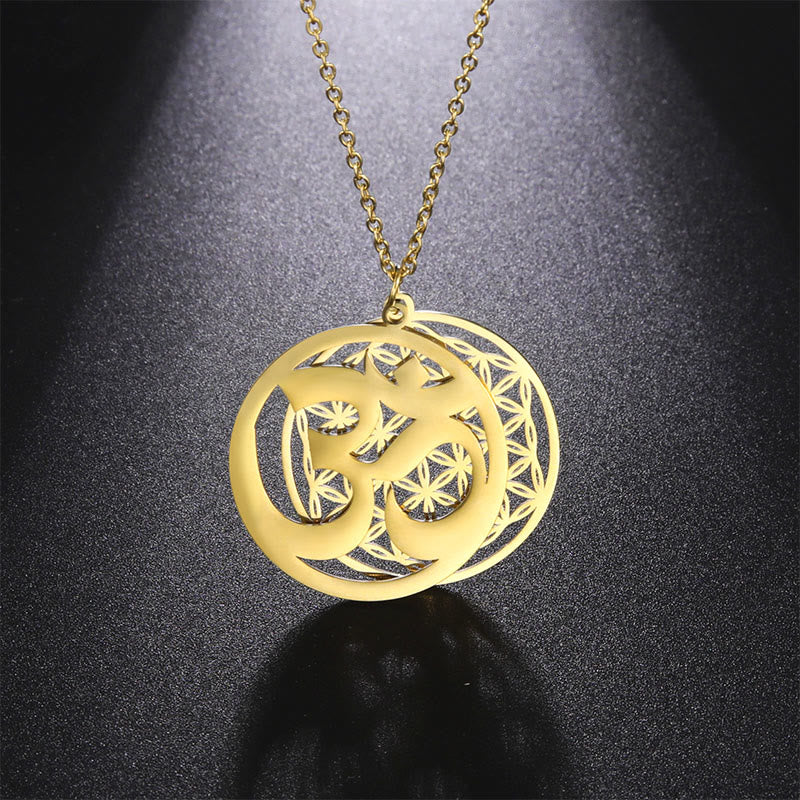 Buddha Stones Om Symbol Hollow Flower Design Stainless Steel Connection Necklace Pendant - Gold - image 7