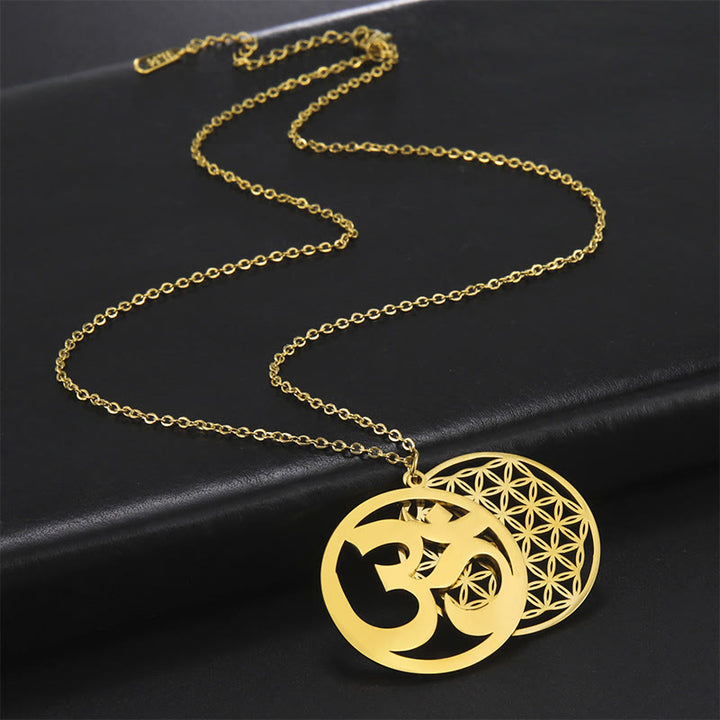 Buddha Stones Om Symbol Hollow Flower Design Stainless Steel Connection Necklace Pendant - image 10
