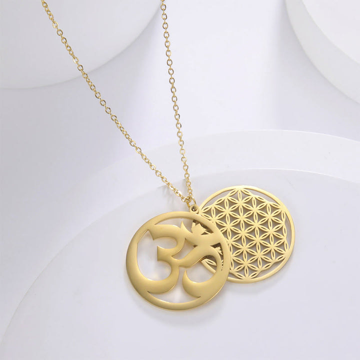 Buddha Stones Om Symbol Hollow Flower Design Stainless Steel Connection Necklace Pendant - image 9