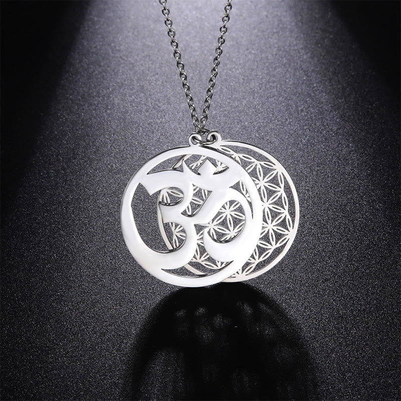 Buddha Stones Om Symbol Hollow Flower Design Stainless Steel Connection Necklace Pendant - Silver - image 0