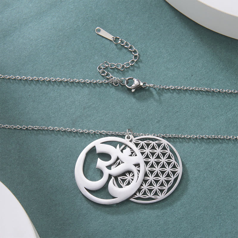 Buddha Stones Om Symbol Hollow Flower Design Stainless Steel Connection Necklace Pendant - image 1