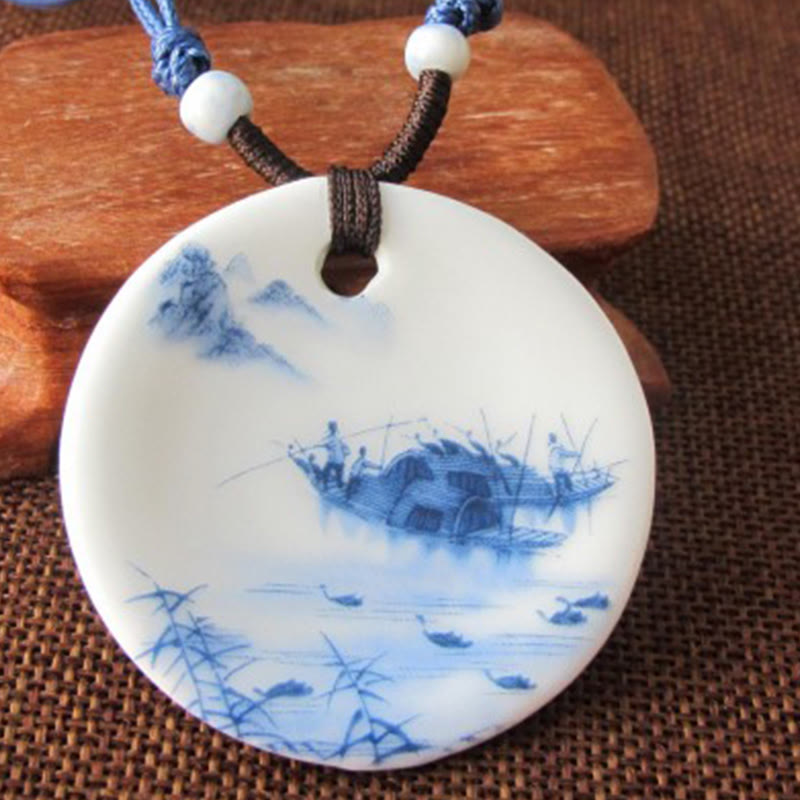 Buddha Stones Ethnic Peony Peach Blossoms Lotus Symbol Ceramics Necklace Enlightenment Pendant - Misty River Boat Scenery - image 10