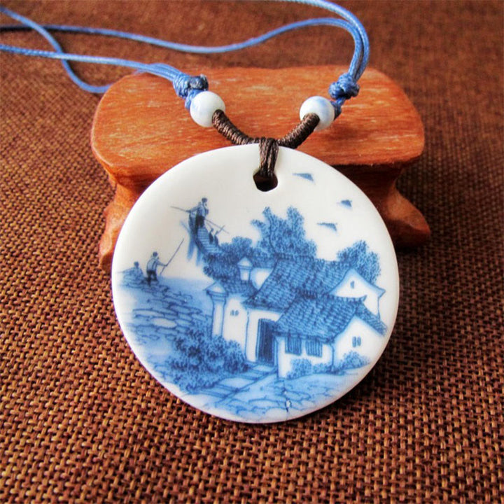 Buddha Stones Ethnic Peony Peach Blossoms Lotus Symbol Ceramics Necklace Enlightenment Pendant - Village Landscape - image 8