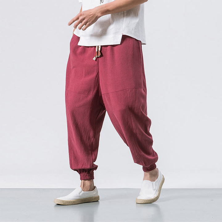 Buddha Stones Men's Plain Simple Drawstring Design Cotton Harem Pants With Pockets - Crimson - US/UK/AU46，EU56 (5XL) - image 7