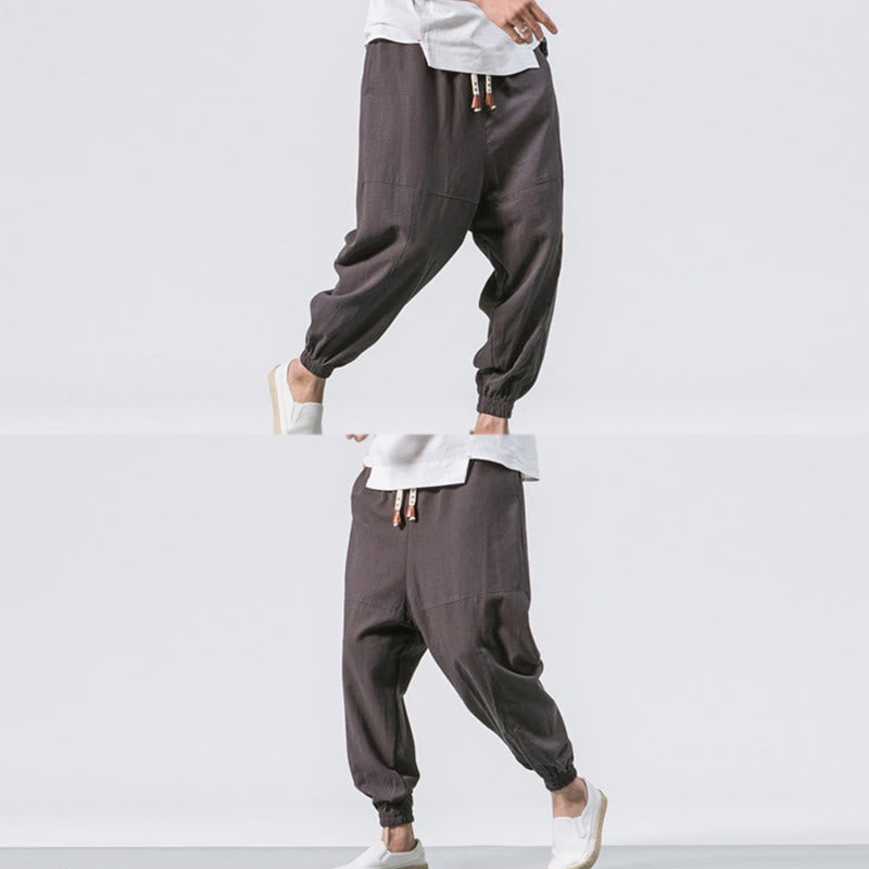 Buddha Stones Men's Plain Simple Drawstring Design Cotton Harem Pants With Pockets - image 3