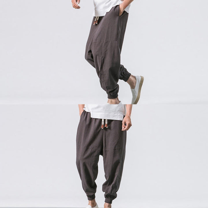 Buddha Stones Men's Plain Simple Drawstring Design Cotton Harem Pants With Pockets - image 6