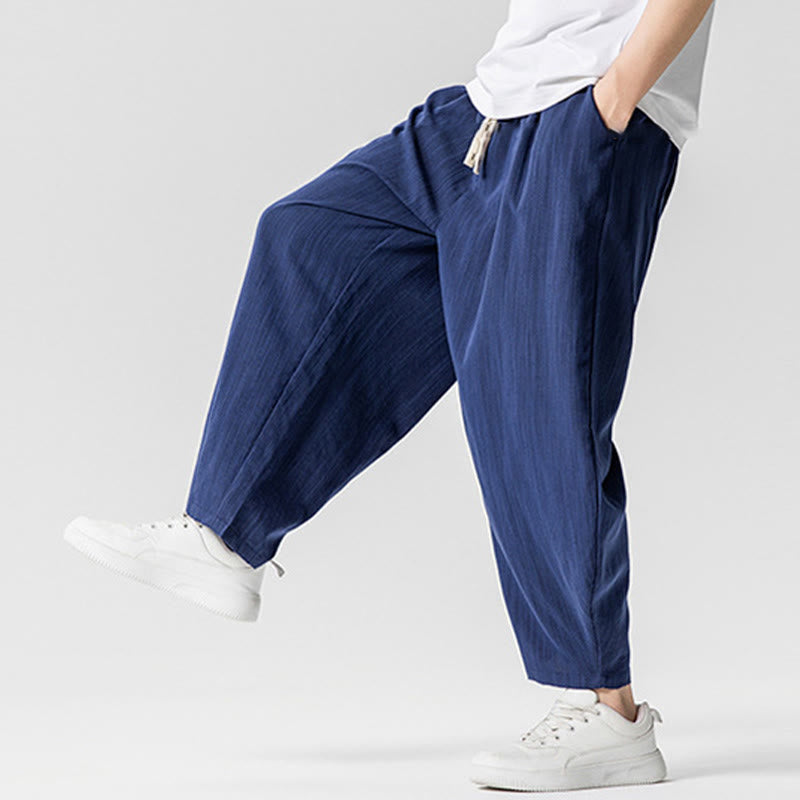 Buddha Stones Summer Pure Color Drawstring Men's Cotton Ankle-Length Pants With Pockets - image 6