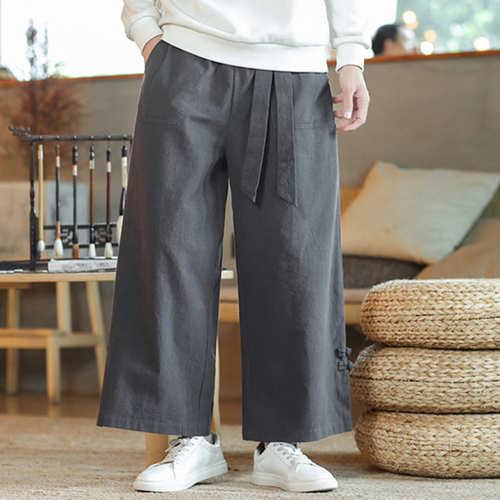 Buddha Stones Fall Drawstring Chinese Frog-Button Men's Wide Leg Cotton Pants With Pockets - image 7