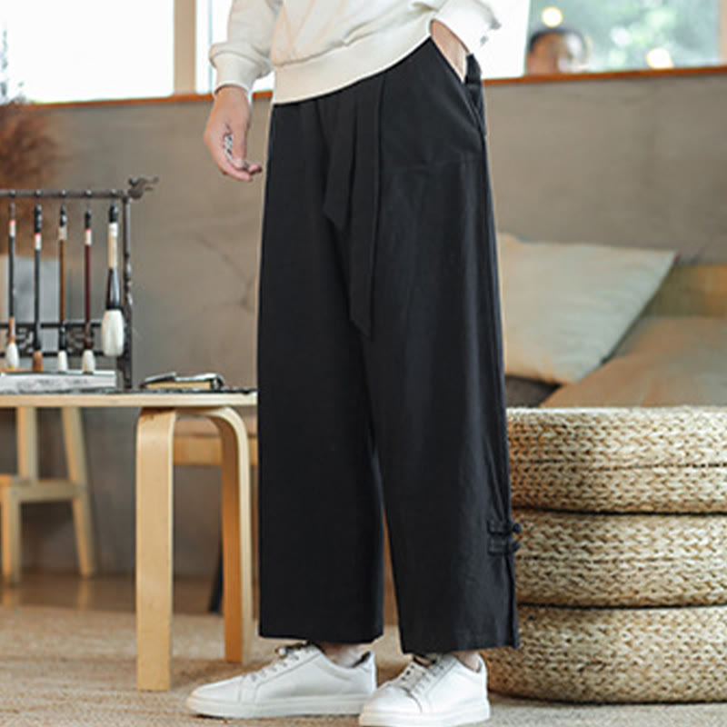 Buddha Stones Fall Drawstring Chinese Frog-Button Men's Wide Leg Cotton Pants With Pockets - image 14
