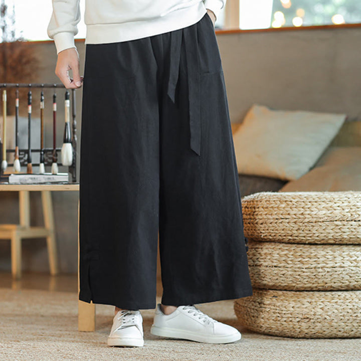 Buddha Stones Fall Drawstring Chinese Frog-Button Men's Wide Leg Cotton Pants With Pockets - image 18