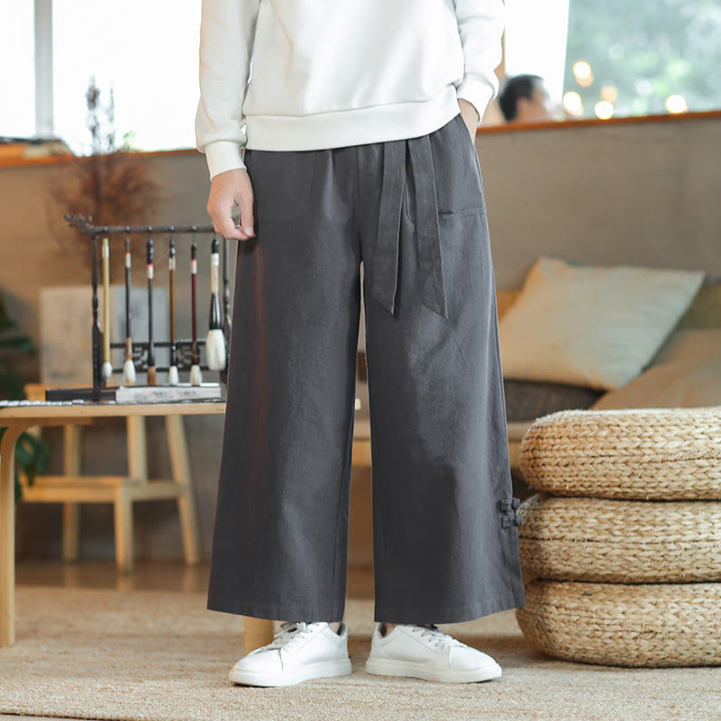 Buddha Stones Fall Drawstring Chinese Frog-Button Men's Wide Leg Cotton Pants With Pockets - image 1