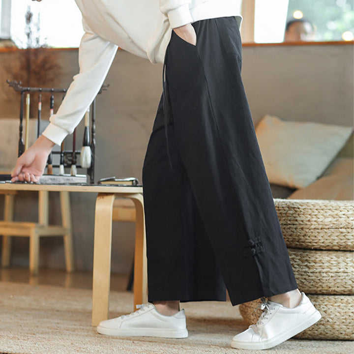 Buddha Stones Fall Drawstring Chinese Frog-Button Men's Wide Leg Cotton Pants With Pockets - image 20