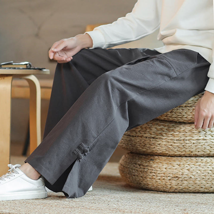 Buddha Stones Fall Drawstring Chinese Frog-Button Men's Wide Leg Cotton Pants With Pockets - image 9