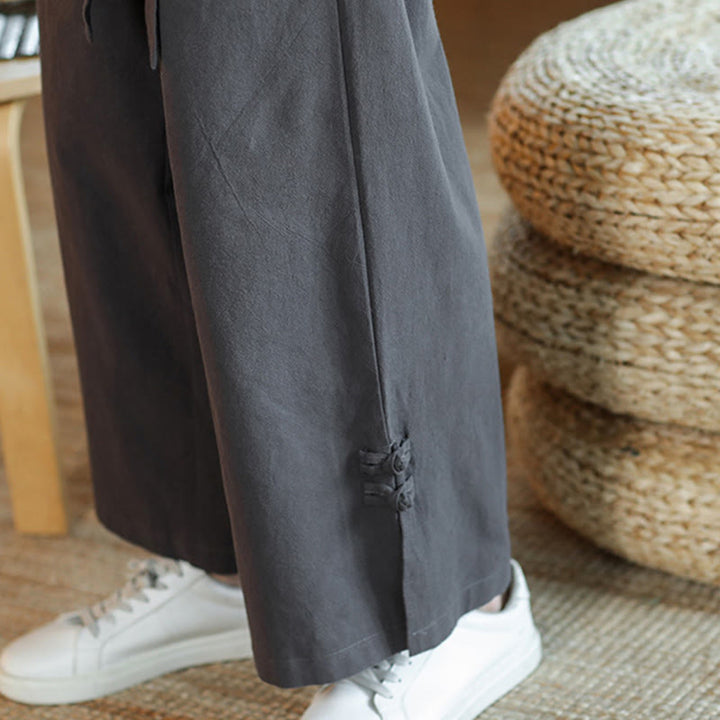 Buddha Stones Fall Drawstring Chinese Frog-Button Men's Wide Leg Cotton Pants With Pockets - image 12