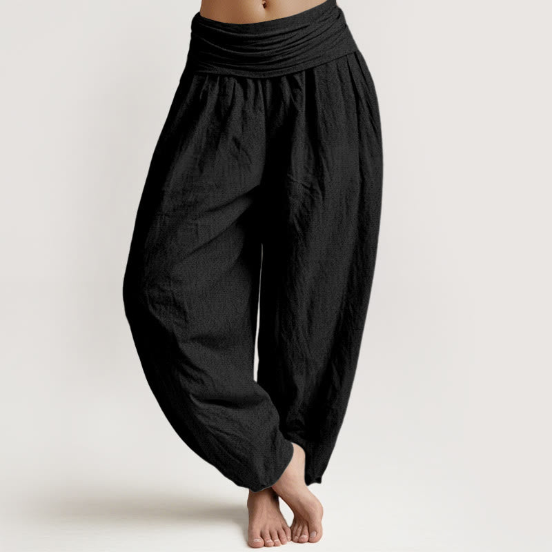Buddha Stones Pure Cotton Plain Black Women's Elastic Waist Harem Pants - Black - US16，UK/AU20，EU48 (3XL) - image 0