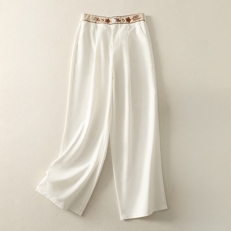 Buddha Stones Embroidery Pattern Polyester Women's Wide Leg Pants With Pockets - Snow - US12，UK/AU16，EU44 (2XL) - image 1