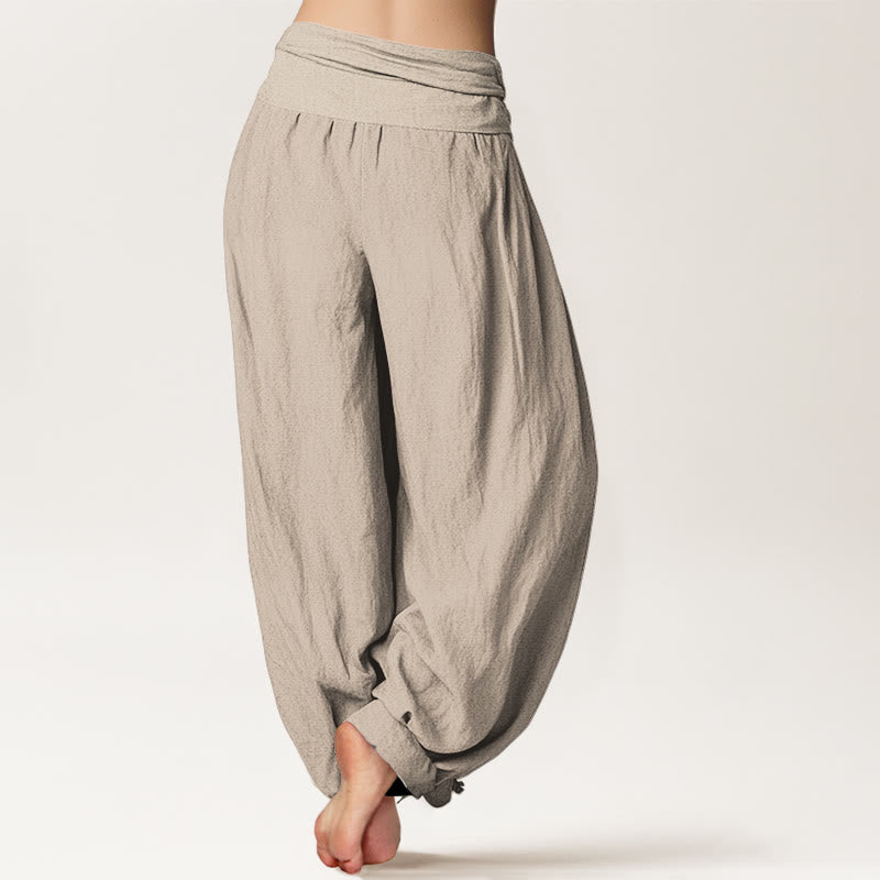 Buddha Stones Solid Tan Color Women's Elastic Waist Harem Pure Cotton Pants - image 1